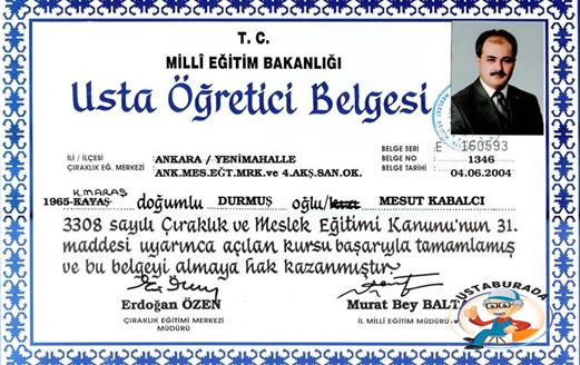 Mesut Kabalcı Usta Öğretici Belgesi